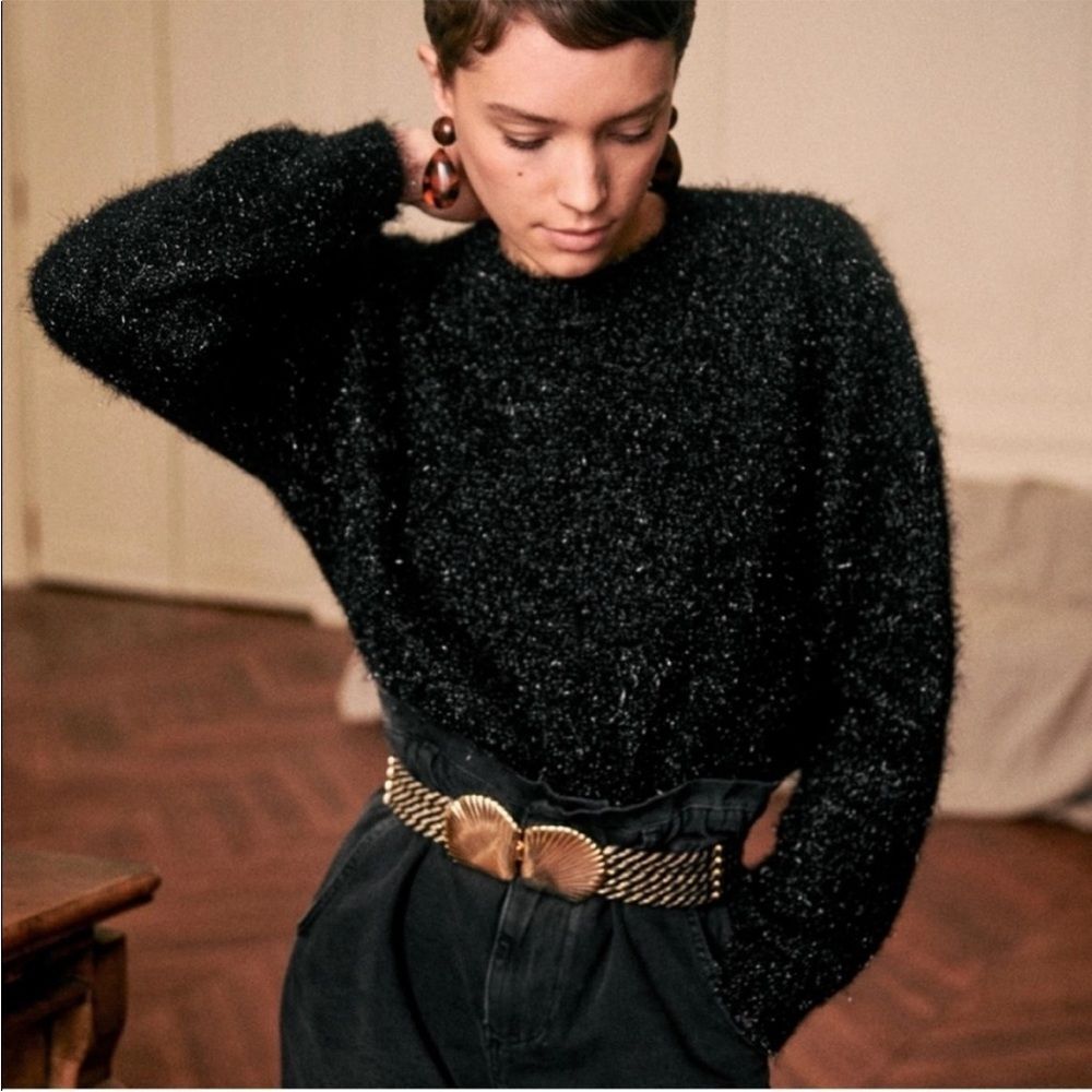 Sezane Zephir Black Sparkle Sweater Women's  XS Alpaca Mohair Fuzzy Open Back